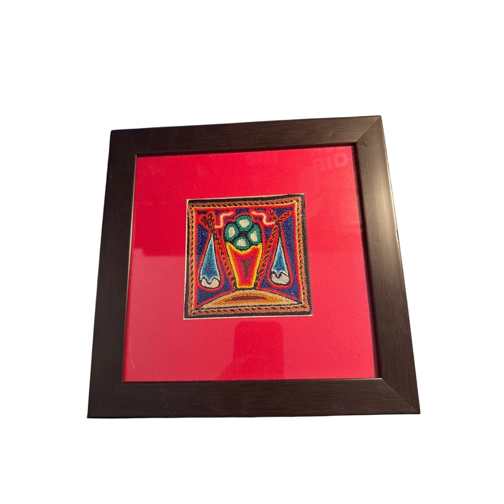 HUICHOL Native American Yarn‎ Painting Arte Tepehuano Floral Vase 9.5" Art